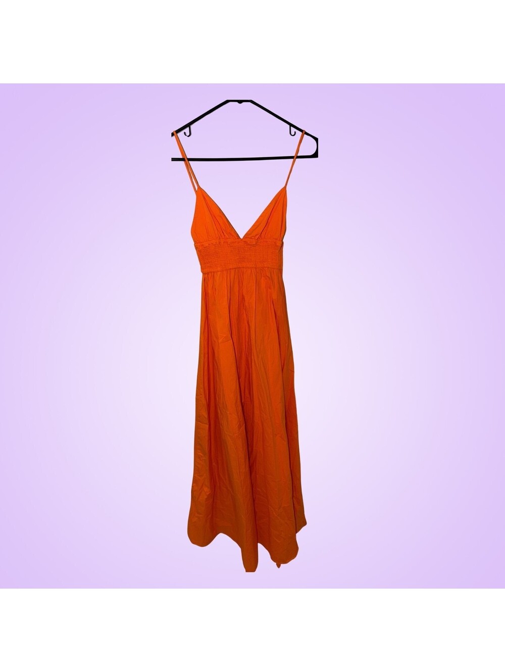 Zara Womens XS Orange Smocked Plunge V-Neck Long Maxi Sundress Vacation